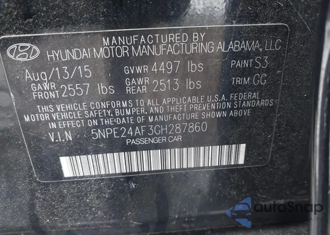 2016 Hyundai Sonata Se из США, поврежденный, VIN 5NPE24AF3GH287860